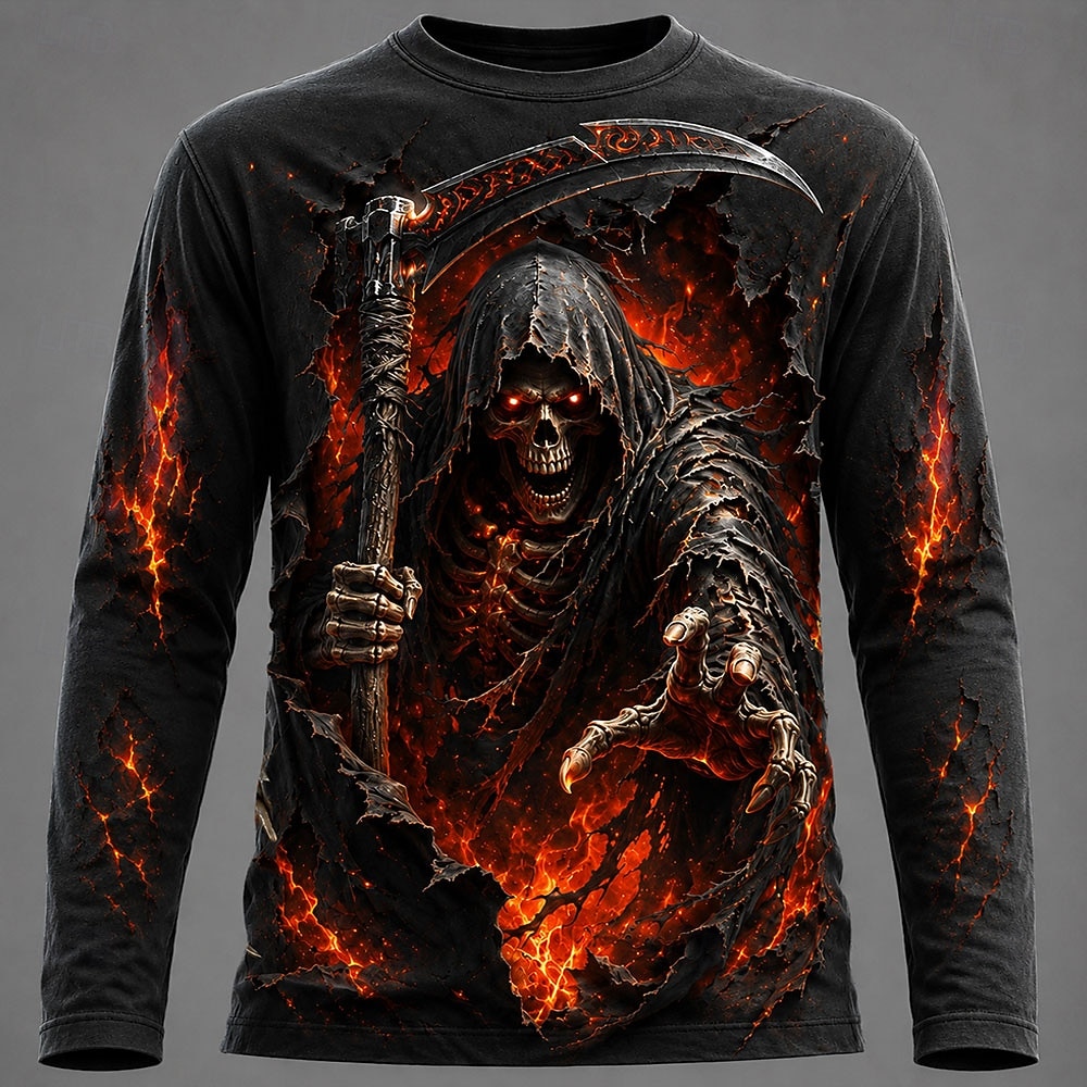 Electronic Gift - ハロウィン男性 3D グラフィックプリント長袖 Tシャツゴシックスカルプルオーバートップス秋の新しいお祝いギフト男性服トップス Tシャツ